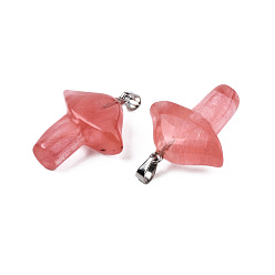 Cherry Quartz Glass Cherry Quartz Glass Pendants, with Stainless Steel Snap On Bails, Mushroom, Stainless Steel Color, 27.5~28.5x23~25x9.5~10.5mm, Hole: 3x5mm
