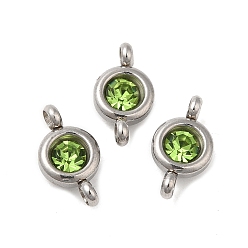Peridot 304 Stainless Steel Single Rhinestone Connector Charms, Flat Round Links, Stainless Steel Color, Peridot, 12x6.5x4mm, Hole: 2mm