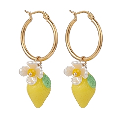 Yellow Resin Lemon with ABS Plastic Pearl Flower Dangle Hoop Earrings, Golden 304 Stainless Steel Jewelry for Women, Yellow, 46.5~47mm, Pin: 16x0.8~1.5x0.7mm
