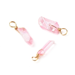 Pink Electroplated Natural Quartz Pendants, with Real 18K Gold Plated Eco-Friendly Copper Wire, Chip, Pink, 17~44x3.5~8x3~4mm, Hole: 2~4mm