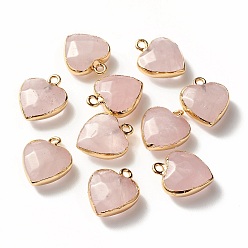 Rose Quartz Electroplate Natural Rose Quartz Pendants, with Cadmium Free & Nickel Free & Lead Free Iron Findings, Faceted, Heart, Golden, 16~17x14~15x6~7mm, Hole: 1.8mm