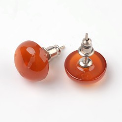 Natural Agate Half Round Dome Natural Red Agate Stud Earrings, with Platinum Plated Brass Findings, 18mm, Pin: 0.8mm