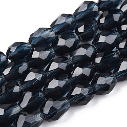 Prussian Blue Transparent Glass Bead Strands, Faceted Drop, Prussian Blue, 8x6mm, Hole: 1mm, about 65pcs/strand, 17.99 inch(45.7cm)