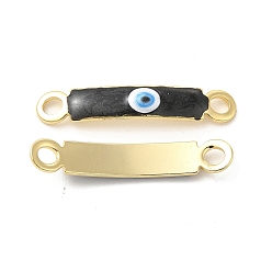 Black Brass Connector Charms, Curved Rectangle Links with Evil Eye Pattern, with Enamel, Real 18K Gold Plated, Long-Lasting Plated, Black, 30x5x2mm, Hole: 3mm
