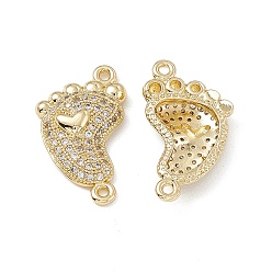 Real 18K Gold Plated Brass Micro Pave Clear Cubic Zirconia Connector Charms, Footprint Links with Heart, Real 18K Gold Plated, 22.5x13x4mm, Hole: 1.2mm
