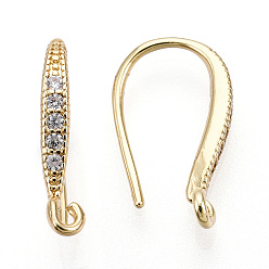 Real 18K Gold Plated Brass Micro Pave Clear Cubic Zirconia Earring Hooks, with Horizontal Loop, Real 18K Gold Plated, 15x2mm, Hole: 1.2mm, 21 Gauge, Pin: 0.7mm