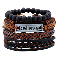 Coconut Brown 4Pcs 4 Style Cowhide & Imitation Leather Cord Bracelets Set for Men, Wood Beads & Alloy Word Link Stackable Bracelets, Coconut Brown, Inner Diameter: 2-3/8 inch(6cm), 1Pc/style