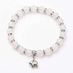 Natural Agate Natural Agate Charm Bracelets, Stretch Bracelets, with Alloy Elephant Pendants, Antique Silver, 2-1/4 inch(57mm)