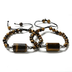Tiger Eye Natural Tiger Eye Column Link Bracelet, Braided Adjustable Bracelet, Inner Diameter: 2-1/8~3-1/8 inch(5.5~7.8cm)