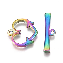 Rainbow Color Ion Plating(IP) 304 Stainless Steel Toggle Clasps, Heart, Rainbow Color, Heart: 15.3x15.5x2.3mm, Hole: 1.6mm, Bar: 6x21.2x2.4mm, Hole: 1.5mm