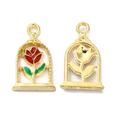 Red Alloy Enamel Pendants, Golden, Arch with Rose Charm, Red, 18x11x2.5mm, Hole: 1.5mm