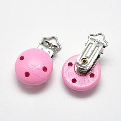 Pearl Pink Dyed Wood Baby Pacifier Holder Clips, with Iron Clips, Pearl Pink, 48x29x19mm, Hole: 13.5x5mm