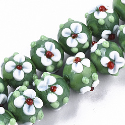 Green Handmade Lampwork Beads Strands, Flower, Green, 11~12x11~12x10mm, Hole: 1.5mm, about 45pcs/strand, 17.72 inch(45cm)