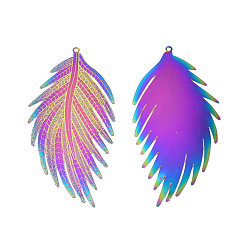 Rainbow Color Ion Plating(IP) 304 Stainless Steel Filigree Big Pendants, Etched Metal Embellishments, Feather, Rainbow Color, 54x27x0.2mm, Hole: 1.2mm