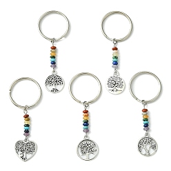 Mixed Shapes Alloy Flat Round & Heart with Tree of Life Pendant Keychain, with Chakra Gemstone Bead and Iron Split Key Rings, Mixed Shapes, 6.6~6.8cm, Pendant: 18~19.5x15~16.5x1~1.5mm