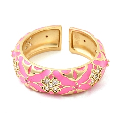 Темно-Розовый Латунные микропаве кубические цирконии манжеты открытые кольца для женщин, с эмалью, стойки покрытие, без кадмия и без свинца, долговечный, реальный 18 k позолоченный, темно-розовыми, 7 мм, внутренний диаметр: 17 мм