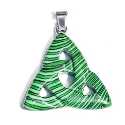 Malachite Saint Patrick's Day Synthetic Malachite Pendants, Triquetra Knot Charms with Platinum Plated Metal Snap on Bails, 34x6mm