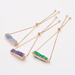Mixed Color Electroplated Natural & Dyed Druzy Agate Slider Bracelets, Bolo Bracelets, Rectangle, with Brass Chain, Mixed Color, 10-1/4 inch(260mm)x1mm
