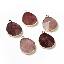 Strawberry Quartz Natural Strawberry QuartzPendants, with Brass Findings, Faceted, Drop, Golden, 31~35x20~25x7~9mm, Hole: 2.5mm