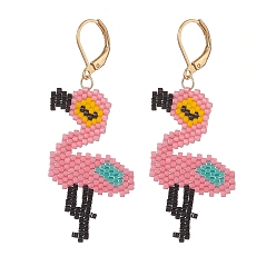 Hot Pink Glass Seed Braided Flamingo Dangle Leverback Earrings, Golden 304 Stainless Steel Long Drop Earrings for Women, Hot Pink, 58mm, Pin: 0.8mm