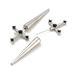 Platinum Alloy with Rhinestone Front Back Stud Earrings, Gothic Sword Shape, Platinum, 46.5x16.5x5.5mm