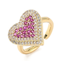 Орхидея Кольца-манжеты в форме сердца из латуни с микропаве из кубического циркония для женщин, без кадмия и без свинца, стойки покрытие, реальный 18 k позолоченный, сиреневые, 15.4~16.8 мм