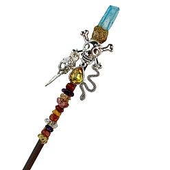 Cyan Wood Hair Stick, with Alloy Findings and Natural Dyed Quartz, Hair Accessories, Cyan, 180mm