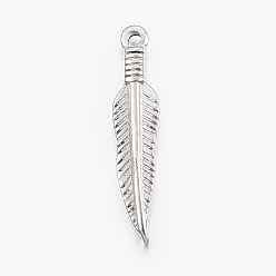 Stainless Steel Color 304 Stainless Steel Pendants, Feather, Stainless Steel Color, 28.5x6x2mm, Hole: 1.5mm