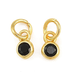 Black Brass Pave Cubic Zirconia Charms, Flat Round Charms, Single Stone Charms, Long-Lasting Plated, Rack Plating, Cadmium Free & Lead Free, Golden, Black, 7x4x2mm, Hole: 3.5mm
