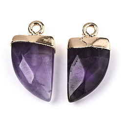 Amethyst Natural Amethyst Pendants, Top Light Gold Plated, with Iron Loop, Scabbard, Faceted, 20x10.5x5mm, Hole: 1.8mm