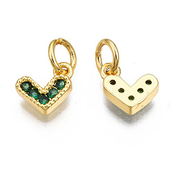 Green Brass Micro Pave Cubic Zirconia Charms, with Jump Ring, Heart, Real 16K Gold Plated, Nickel Free, Green, 8x8x2mm, Jump Ring: 5x1mm, 3mm inner diameter