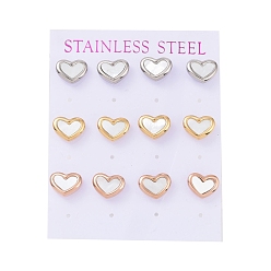 Mixed Color PVD Vacuum Plating Heart 304 Stainless Steel Shell Stud Earrings, with Ear Nut, Mixed Color, 9x11mm, Pin: 0.8mm, 6 pairs/card