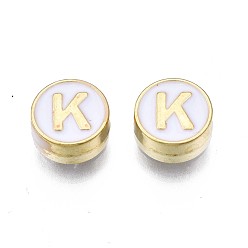 Letter K Alloy Enamel Beads, Cadmium Free & Lead Free, Light Gold, Flat Round with Alphabet, White, Letter.K, 8x4mm, Hole: 1.5mm