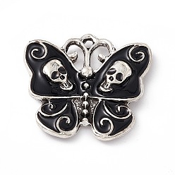 Black Alloy Enamel Pendants, Antique Silver, Butterfly with Skull Charm, Black, 20.5x23x4mm, Hole: 1.2mm