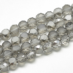 Light Grey Frosted Electroplate Glass Beads Strands, Rainbow Plated, Faceted, Flat Round, Light Grey, 8x5.5mm, Hole: 1.5mm, about 72pcs/22 inch