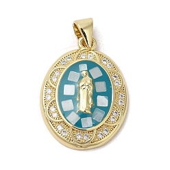 Dark Turquoise Oval with Virgin Mary Brass Micro Pave Clear Cubic Zirconia Pendants, with Enamel & Shell, Long-Lasting Plated, Lead Free & Cadmium Free, Real 18K Gold Plated, Dark Turquoise, 22x16x4mm, Hole: 5x3.5mm