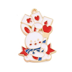 Crimson Alloy Enamel Pendants, Golden, Rabbit with Playing Cards Charm, Red, 33x22x1.5mm, Hole: 2mm