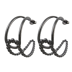 Black 304 Stainless Steel Stud Earrings for Women, Half Hoop Earrings, Ion Plating(IP), Black, 34x15mm