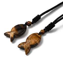 Тигровый глаз Подвеска из натурального тигрового глаза и рыбы, ожерелье из черного нейлонового шнура, 28.35 дюйм (72 см)