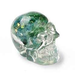 Dark Cyan Natural Fluorite Skull Beads, Halloween Transparent Resin Skull with Gold Foil, No Hole, Dark Cyan, 23x22x25mm