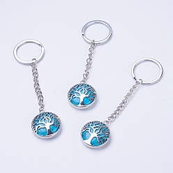 Synthetic Turquoise Synthetic Turquoise Keychain, with Iron Key Rings, Iron Chain and Brass Finding, Flat Round with Tree of Life, Dyed, 100~120mm, Pendant: 31x27x7mm