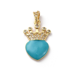 Dark Turquoise Brass Cubic Zirconia Pendants, with Enamel & Snap on Bail, Real 18K Gold Plated, Long-Lasting Plated, Lead Free & Cadmium Free, Heart & Crown, Dark Turquoise, 25x14.5x4mm, Snap on Bail: 3.5x7mm, Inner Diameter: 2.5x4mm