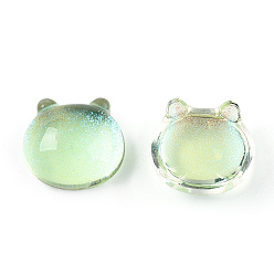 Pale Green Transparent Epoxy Resin Cabochons, with Glitter Powder, Cat Head Shape, Pale Green, 14.5x15.5x7.5mm