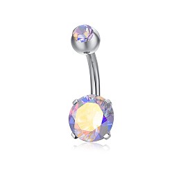 Colorful Piercing Jewelry, Brass Cubic Zirconia Navel Ring, Belly Rings, with 304 Stainless Steel Bar, Lead Free & Cadmium Free, Flat Round, Platinum, Colorful, 21x8mm, Bar: 15 Gauge(1.5mm), Bar Length: 3/8"(10mm)