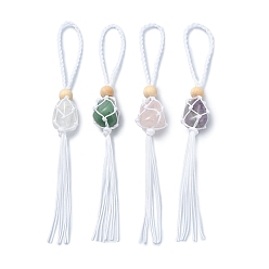 Mixed Stone Natural Gemstone Macrame Pouch Pendant Decorations, with Iron Ring and Wood Bead, Nylon Threads Hanging Decorations, 17.2cm