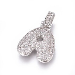 Letter A Platinum Plated Brass Micro Pave Cubic Zirconia Pendants, Letter, Letter.A, 29.5mm, Hole: 3.5x5mm, letter: 23x20x5mm
