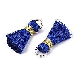 Medium Blue Handmade Polycotton(Polyester Cotton) Tassel Decorations, Pendant Decorations, with Golden Iron Loops, Medium Blue, 17~21x10x5mm, Jump Ring: 6x0.7mm, Inner Diameter: 4.6mm
