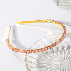 Strawberry Quartz Wire Wrapped Natural Strawberry Quartz Chip Hair Bands, with Metal Hoop, for Women Girls, 140x120x25mm