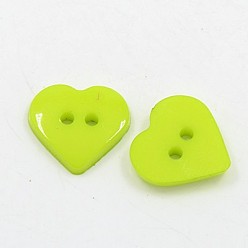 Yellow Green Acrylic Sewing Buttons for Costume Design, Heart Buttons, 2-Hole, Dyed, Yellow Green, 10x10x2mm, Hole: 1mm