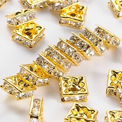 Crystal Brass Rhinestone Spacer Beads, Square, Nickel Free, Golden Metal Color, Crystal, 8x8x4mm, Hole: 1mm